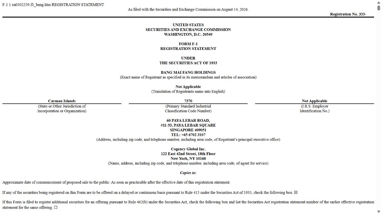 BANG MAI FANG HOLDINGS F-1 first page