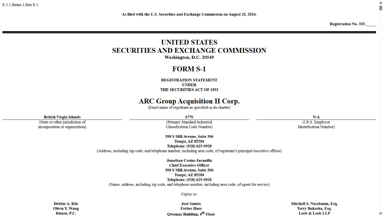 ARC Group Acquisition II Corp. S-1 first page