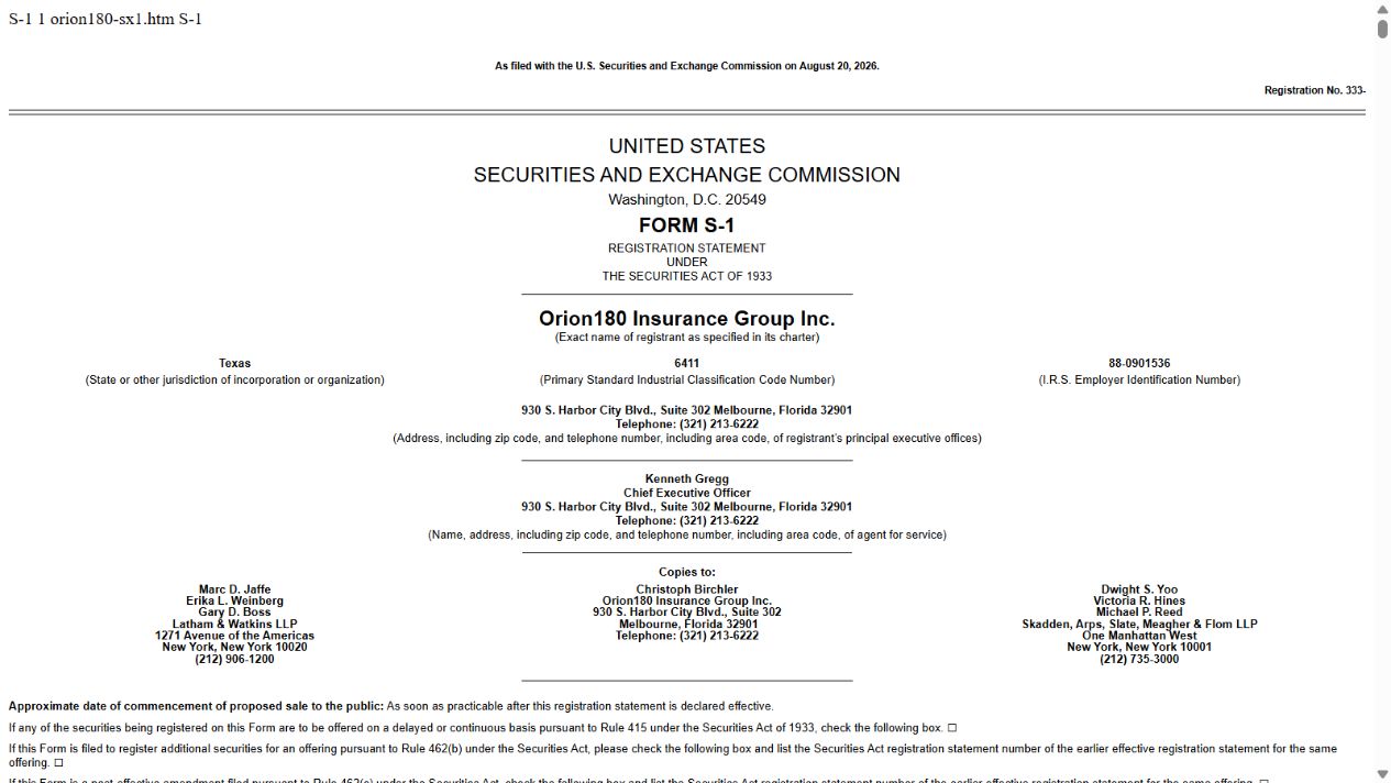 Orion180 Insurance Group Inc. S-1 first page